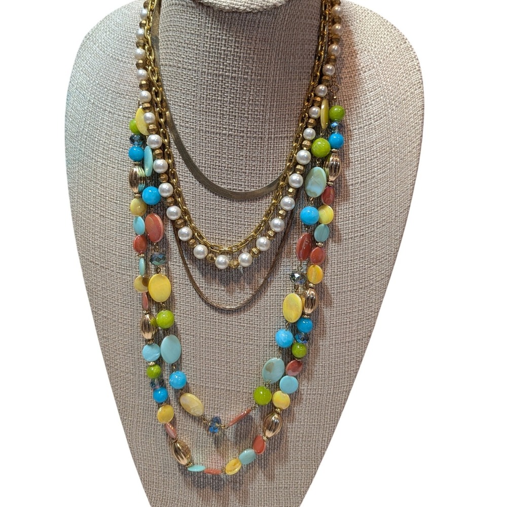 Lot 5 Vintage Boho Necklaces Gold Chain Pearl Colorful Beaded Bundle